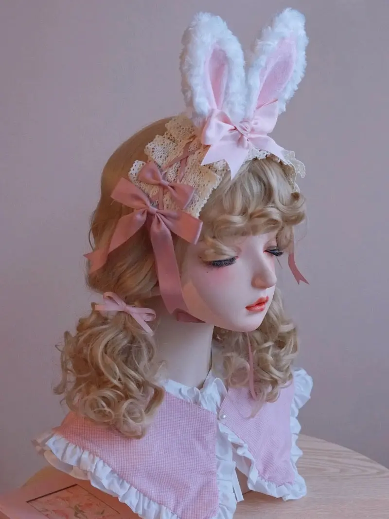 Handmade rabbit ear headband plush animal ear lolita lace - Image 3