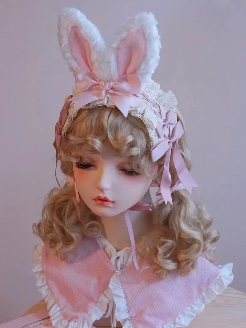 Handmade rabbit ear headband plush animal ear lolita lace - Image 4