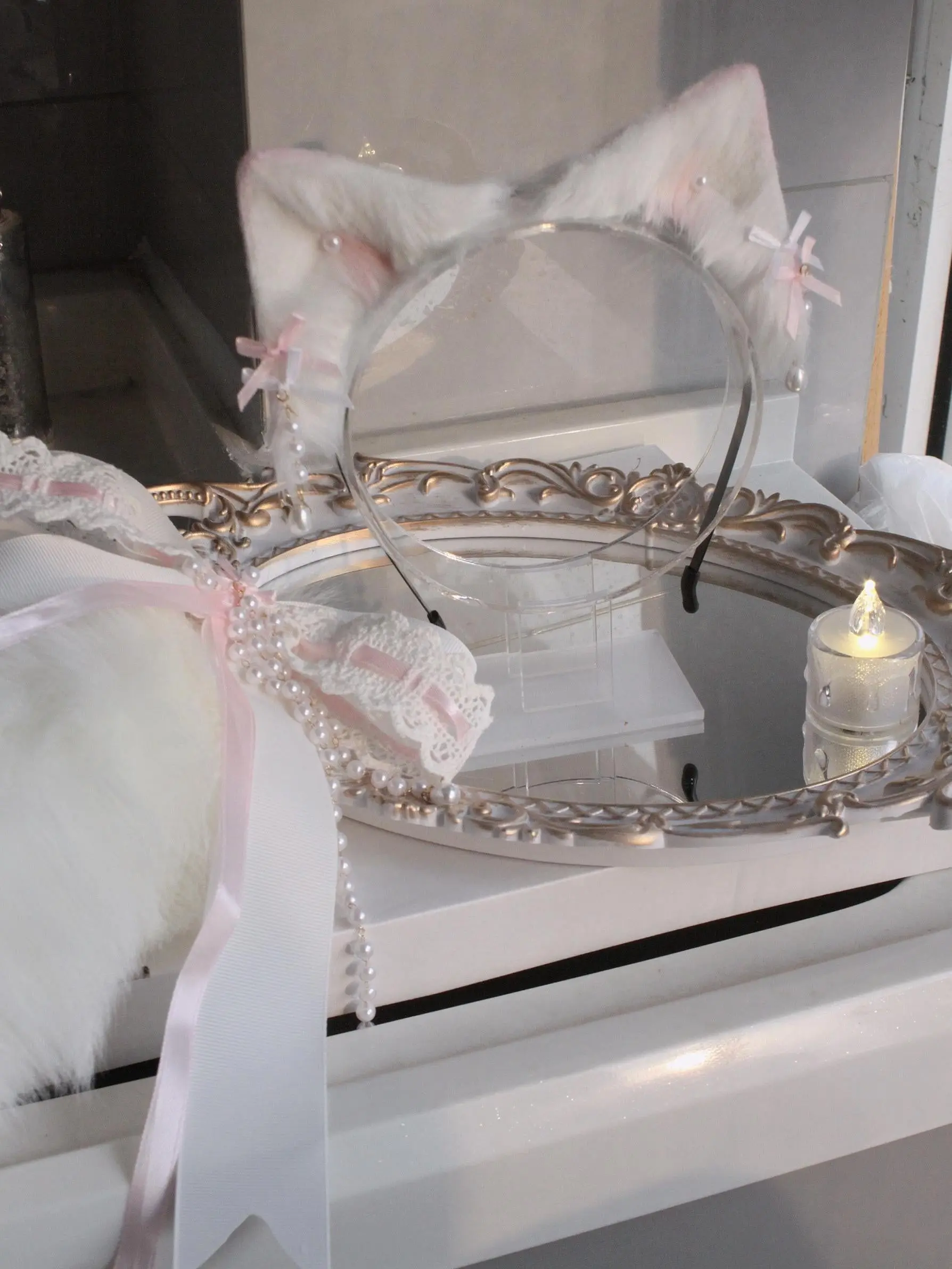 Pink and white handmade animal ear bow headband cat ears - Image 4