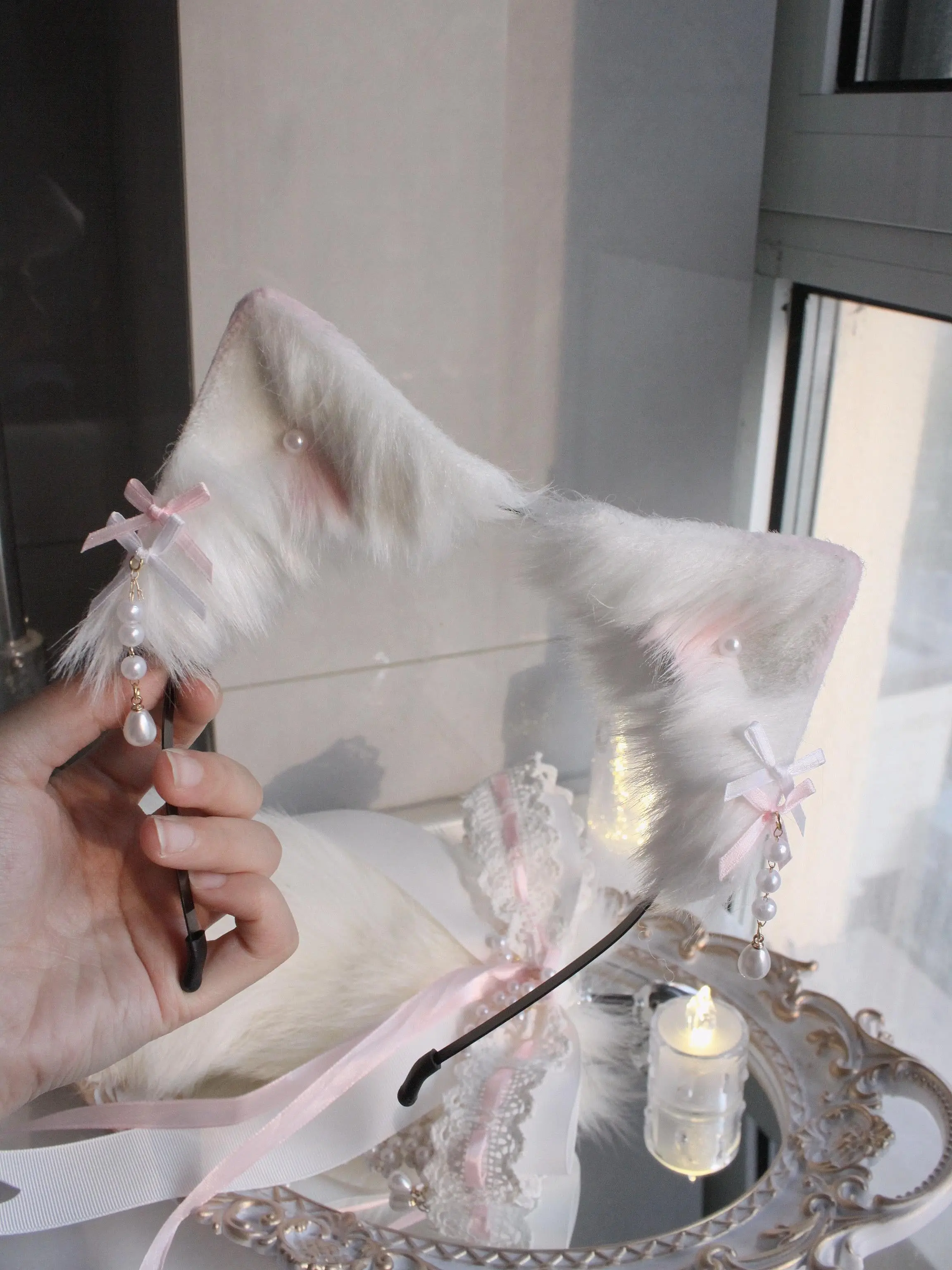 Pink and white handmade animal ear bow headband cat ears - Image 5