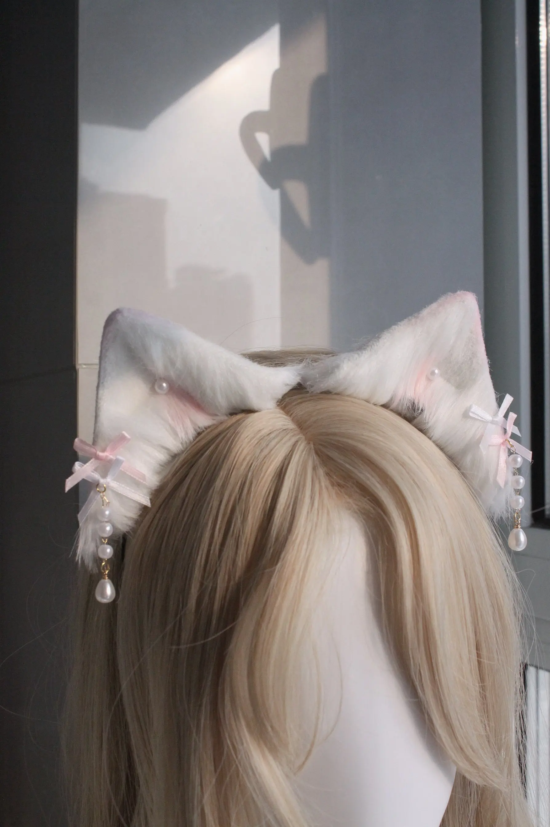 Pink and white handmade animal ear bow headband cat ears - Image 6